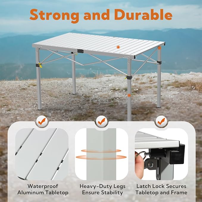 Large 46.4 Camping Table for 2-6 People - 220lbs Capacity Heavy Duty Foldable Outdoor Table with Aluminum Roll-Up Top &amp Carry Bag Portable Picnic Desk for BBQ Tailgating Backyard (Silver)