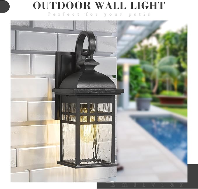 Emliviar Modern Porch Wall Sconces Set of Two 15 Wall Lights Outdoor with Water Ripple Glass Black Finish DE279B-2PK BK-WP