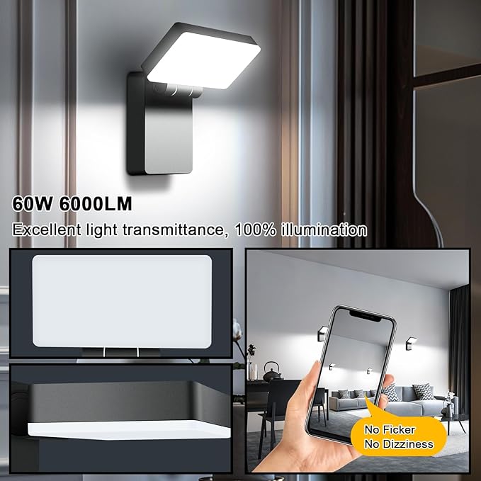 60W LED Flood Light Outdoor Wall Pack 5000K 360° Rotatable Head IP65 Waterproof 6000LM 85V-277V Commercial Flood Security Wall Mount Porch Lights for IndoorGarageYardBarnBedroom