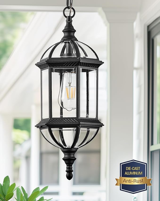 VIANIS 20 Large Outdoor Pendant Light Black Outdoor Chandelier for Porch with Tempered Beveled Glass 1-Light Adjustable Outdoor Chandelier for Entryway Gazebo Anti-Rust 100% Aluminum