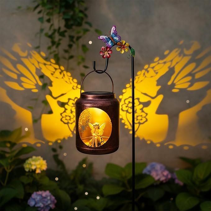 Metal Solar Lantern with Fairy Patterns &amp Resin Fairy Statue Inside Garden Decor Gifts for Women Mom Grandma Hanging Solar Lights Decoration Outside for Yard Patio Porch(Shepherds Hook Included