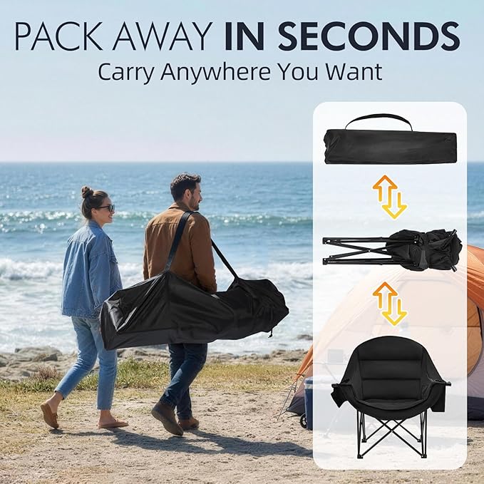 Oversized Camping Chair for Adults - Heavy Duty Outdoor Padded Large Lawn Camp Chair with Cup Holder Cooler Pockets for Sports Beach Fishing Garden Portable Supports 500lbs AllBlack 2 Pack
