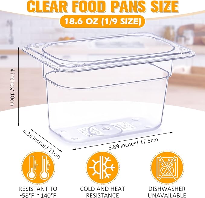Mumufy 12 Packs Plastic Clear Food Pan 1/9 Size Deep Stackable Polycarbonate Pan with Capacity Indicator Restaurant Commercial Hotel Pans for Fruits Vegetables Beans Corns (4 Inch)