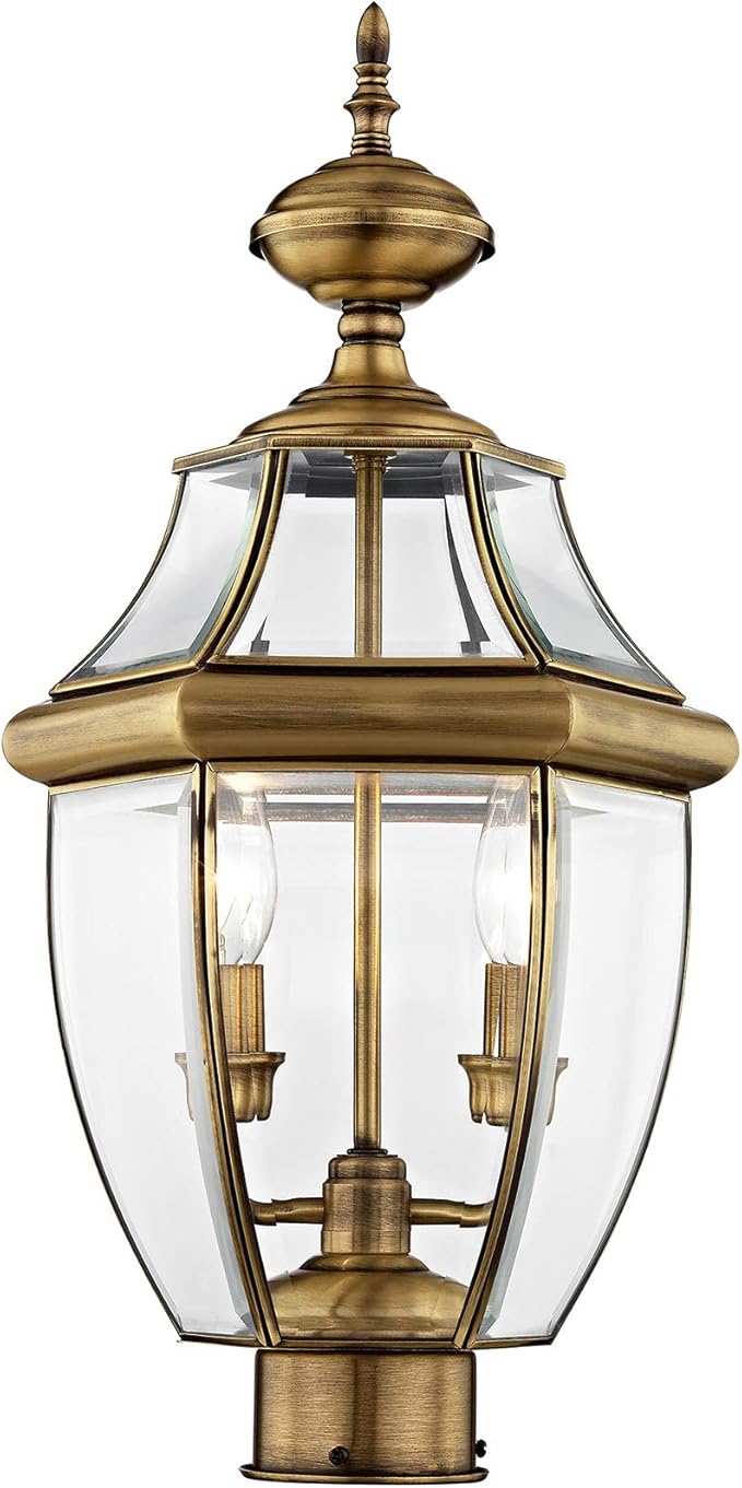 Livex Lighting 2254-01 Monterey 2 Light Outdoor Antique Brass Finish Solid Brass Post Head with Clear Beveled Glass