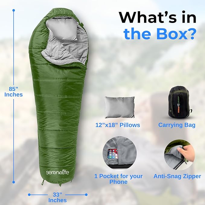 SereneLife 0 Degree Mummy Sleeping Bag – Military-Style Lightweight &amp Waterproof for Extreme Cold Stays Warm in 5–10°F No-Snag Zipper Compact Carry Bag &amp Travel Pillow for Camping &amp Ba