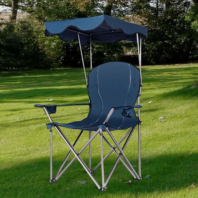 COSTWAY Portable Camping Chair with Canopy Outdoor Lawn Chair with Shade Carry Bag Cup Holder for Travel Picnic Beach (Blue)