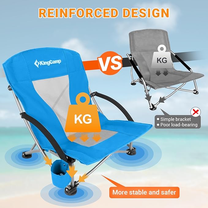 KingCamp Low Beach Chair High Back Folding Camping Chair for Adults Oversized Breathable Mesh Seat 300lbs Heavy Duty Portable Chair with Cup Holder &amp Storage Pockets for Beach Outdoor