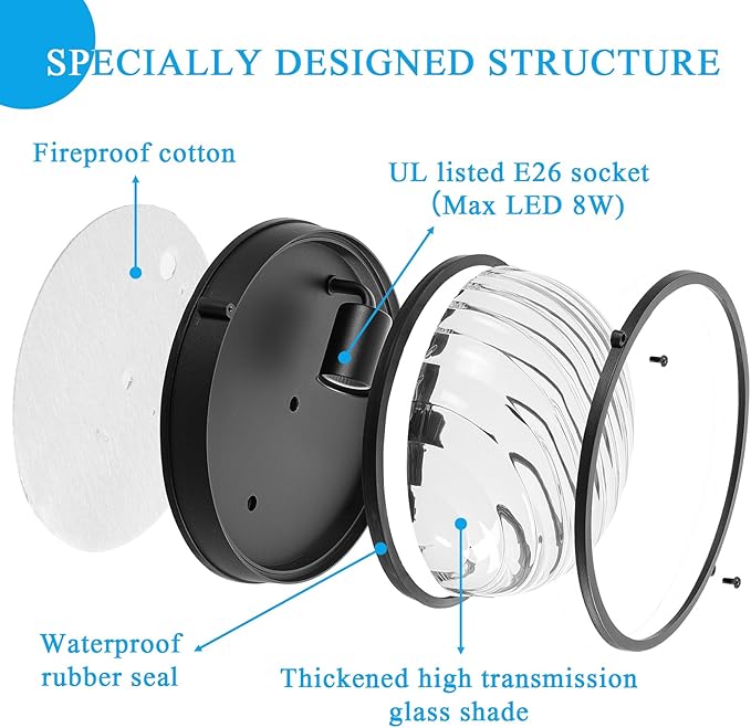 10 Inch Bulkhead Light Aluminum Sauna Light with Thickened Clear Glass Waterproof Outdoor Bulkhead Wall Light for Porch Basement Balcony E26 Socket 2-Pack