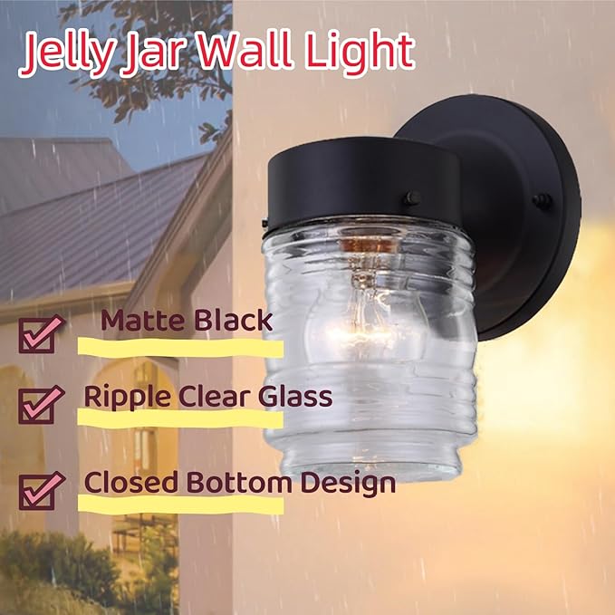 WISBEAM Smart Black Outdoor Wall Lights for House Jelly Jar Outside Light Fixture for Porch Patio Entryway Anti-Rust Waterproof Wall Mount Exterior Sconce E26 Base Bulb Not Included 2 Pack