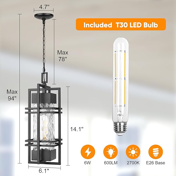 WIHTU Large Outdoor Pendant Light Fixture Modern Hanging Lantern Ceiling Mount Anit-Rust Waterproof Chandelier Lighting Exterior with Stone Bubble Glass for Porch Garage Gazebo Patio