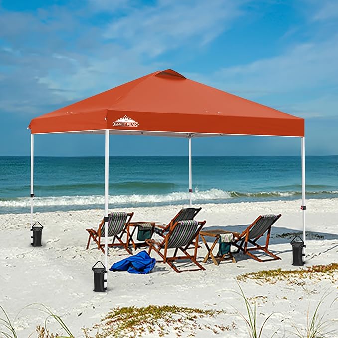 EAGLE PEAK Pop Up Canopy Tent with Wheeled Carry Bag 8 Stakes 4 Ropes 4 Weight Bags Easy Set Up Tent Canopy 10x10 ft 100sqft of Shade Brick Red