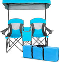 DORTALA Double Camping Chair with Canopy 2 Person Folding Beach Chair with Canopy Shade Table Beverage Holder and Storage Bag Double Rocker Chair Outdoor for Camping Beach Picnic Blue