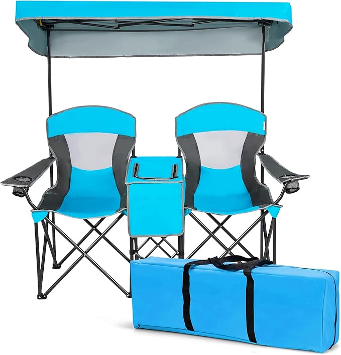 DORTALA Double Camping Chair with Canopy 2 Person Folding Beach Chair with Canopy Shade Table Beverage Holder and Storage Bag Double Rocker Chair Outdoor for Camping Beach Picnic Blue