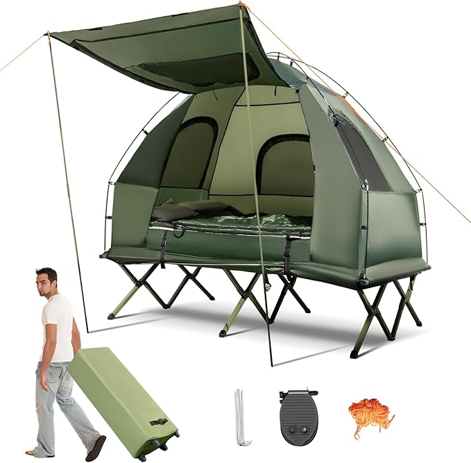 KOTEK 5-in-1 Tent Cot with Air Mattress Sleeping Bag Pillow Canopy Zippered Mesh Windows &amp Carry Bag Elevated Tent for Camping Hiking Traveling Picnic