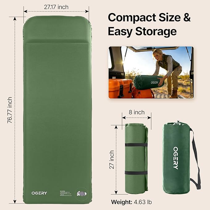 OGERY Self-Inflating Sleeping Pad with Built-in Foot Pump 3 Memory Foam Camping Mattress for Side Sleepers Quiet &amp Insulated Sleeping Mat Camping Essential Gear for Car Tent Camping