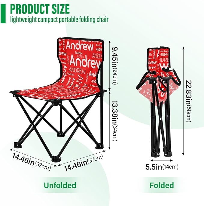Sinestour Red Custom Folding Camping Chair for Teen Child Personalized Name 14.6×14.6in Portable Outdoor Chair with Carry Bag for Outside Picnic Lawn