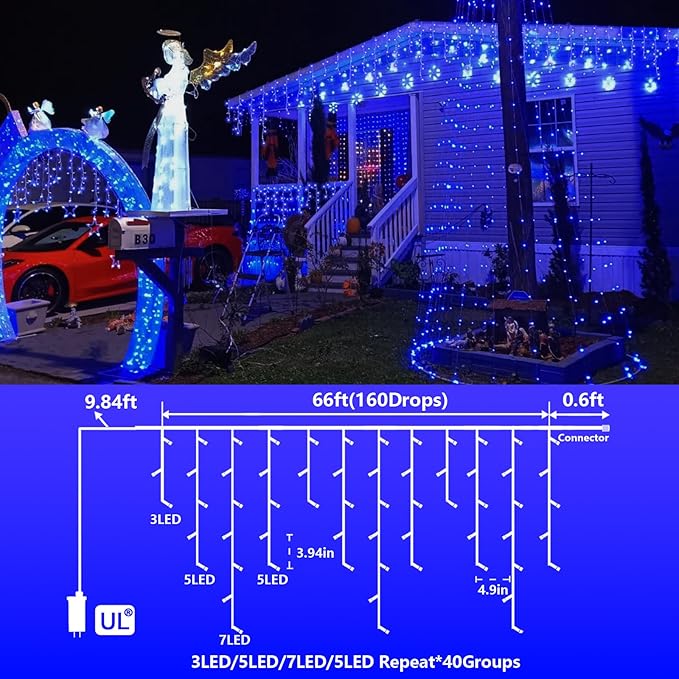 YEGUO 66ft 800 LED Blue Icicle Lights Outdoor Waterproof 160 Drops Icicle String Light Connectable 8 Modes Icicle Christmas Lights with Memory Timer
