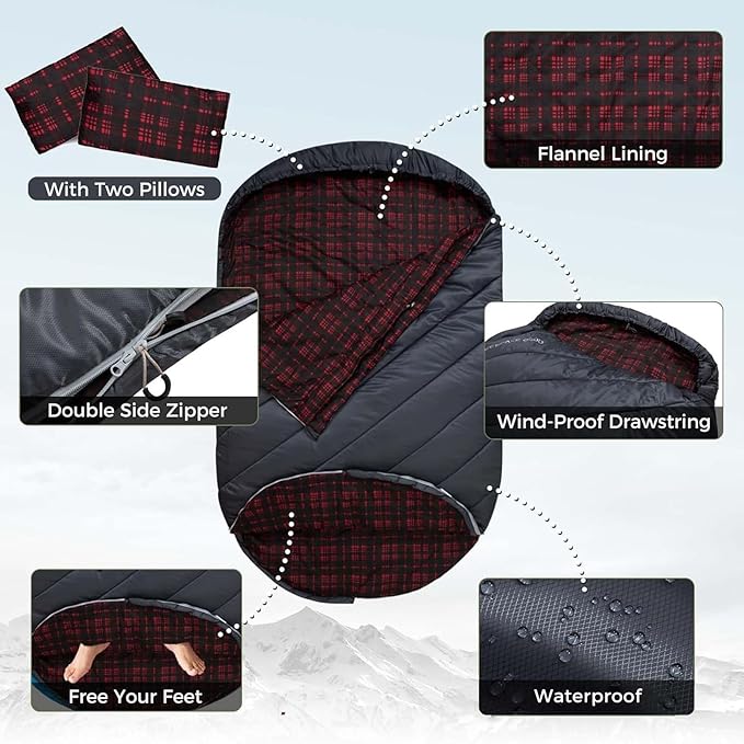 KingCamp Double Sleeping Bag for Adults Queen Size 2 Person XXL Flannel Sleeping Bag Waterproof Lightweight Flannel Quilt with 2 Pillows Perfect for Couples Family Camping Hiking