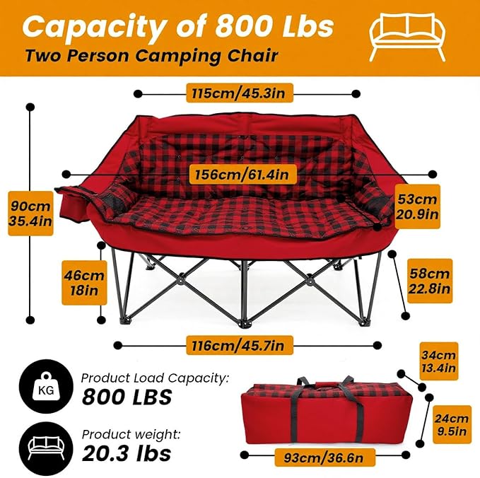 Heated Double Camping Chair with 2 Battery Padded Camping Couch with 3 Heat Levels and 4 Heating Zones Oversized Camp Loveseat Support 800lbs for Soccer Games Tailgating RV Travel Beach Days