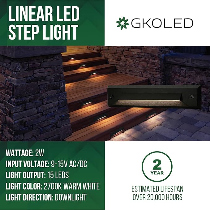 GKOLED 2-Pack Low Voltage 9-15V AC/DC LED Linear Step Lights 2W Landscape Cutoff Stair Riser Light Outdoor Waterproof Accent Lighting Fixtures Die-cast Aluminum with Black Powder Coated Finish