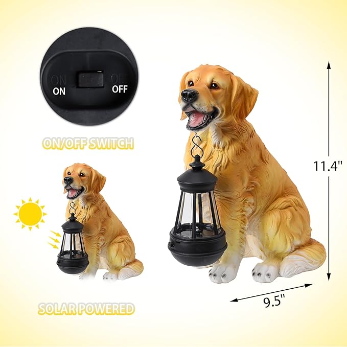 Afirst Solar Dog Statue Garden Decor Outdoor Statue Decor with Solar Lantern Valentine's Day Gift Lovely Golden Retriever Figurine Patio Lawn Yard Art Ornaments Housewarming Gift