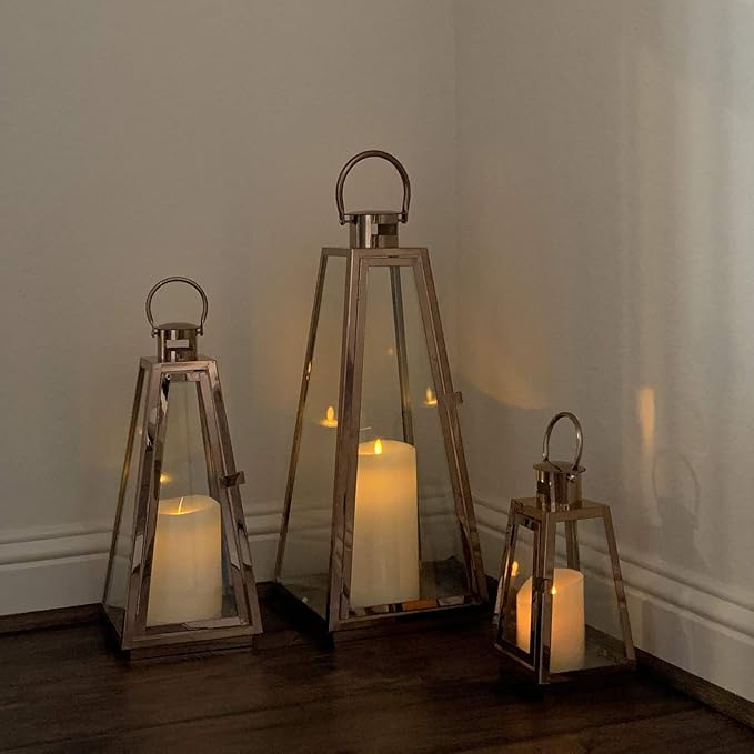 allgala Lantern Jumbo Deluxe Modern Indoor/Outdoor Candle Stainless Steel Rectangular Frame with Lattice Grid Tempered Glass for Garden Poolside Fireplace Wedding (Pack of 3 24 Inch Rose Gold)