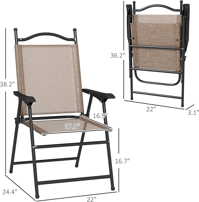 Folding Patio Chairs Set of 4 Sports Chairs for Adults Camping Chairs with Armrests Breathable Mesh Fabric Seat for Lawn Brown