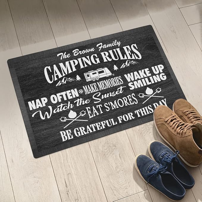 Personalized Camping Rules Welcome Doormat - Custom Family Name and RV Door Mat Accessories for Inside Outside Funny Campsite Decorations for Travel Trailers Style 01