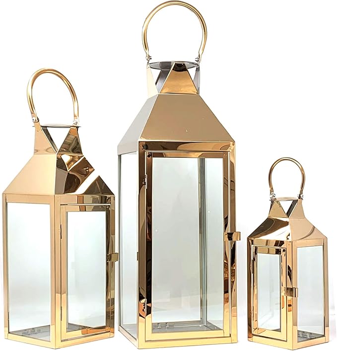 Allgala 3-PC Lantern Set 24 Inch Jumbo Deluxe Modern Indoor/Outdoor Candle Lantern Set Rose Gold Stainless Steel Frame Tempered Glass Pyramid Top for Garden Poolside Fireplace Wedding