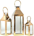 Allgala 3-PC Lantern Set 24 Inch Jumbo Deluxe Modern Indoor/Outdoor Candle Lantern Set Rose Gold Stainless Steel Frame Tempered Glass Pyramid Top for Garden Poolside Fireplace Wedding