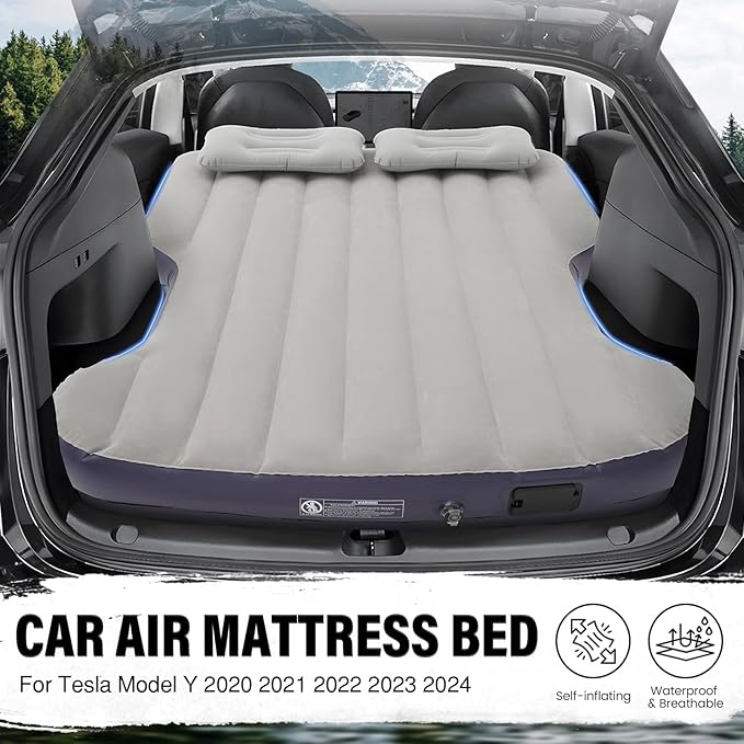 Self-Inflating Car Air Mattress for Tesla Model Y 2025 2024-2020/Model Y Juniper Outdoor Camping Air Bed with 2 Pillows Built-in Pump Air Couch Mat Flocking Air Cushion Model Y Accessories(Beige&ampB
