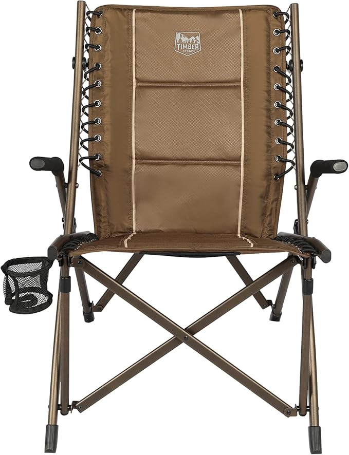 Timber Ridge Bungee Folding Camping Chairs for Adults Heavy Duty Collapsible Padded Chair with Armrests Cup Holder Foldable Outdoor Lounge Chairs for Fishing Lawn Supports 300 lbs Earth Brown