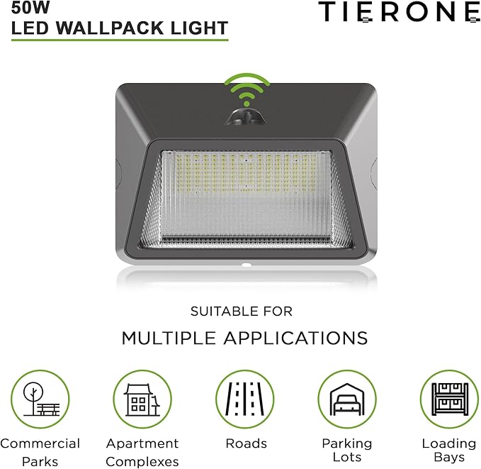 TIERONE 50W LED Wall Pack Light Dusk to Dawn Photocell Outdoor Commercial Security Area Lighting Fixture UL Listed 5500LM 4000K Daylight 400W HPS/HID Equivalent IP65 Waterproof 120-277V 2PACK