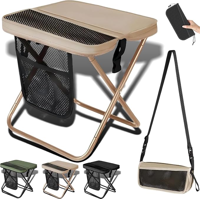 2026 New Large Foldable Backpack Stool for Adults - Portable Camping Stool with Sling Bag 300lbs Capacity for Camping Fishing Hiking Travel Picnic (Khaki)