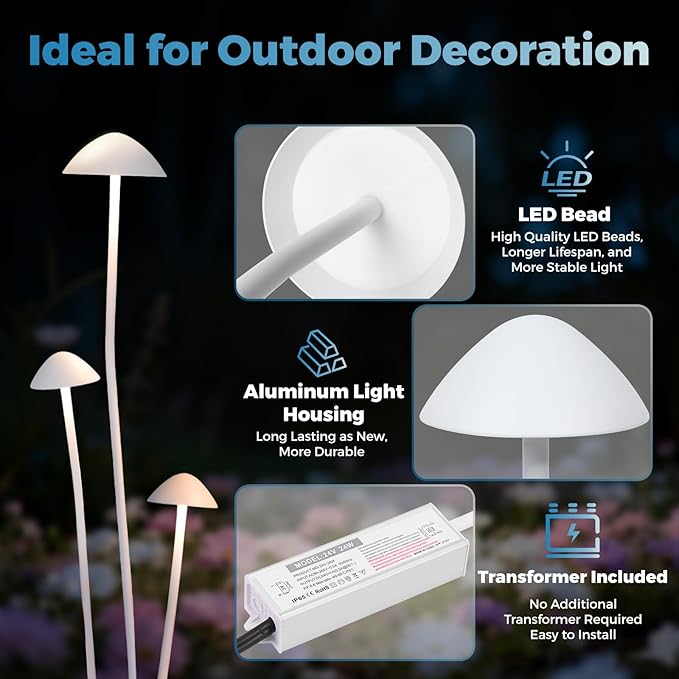 Gardencoin LED Low Voltage Outdoor Lighting Kit 24V Outdoor Landscape Decorative Lights Unique Aluminum Mushroom Light Wired with Transformer for Garden Patio Lawn Backyard Pathway Set of 3