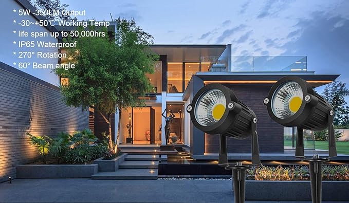Youngine Pack of 2 Outdoor COB 5W LED Landscape Lights IP65 Waterproof COB Spotlights with Spiked Stand and US Plug for Outdoor Flag Yard Lawn Tree (Warm White)