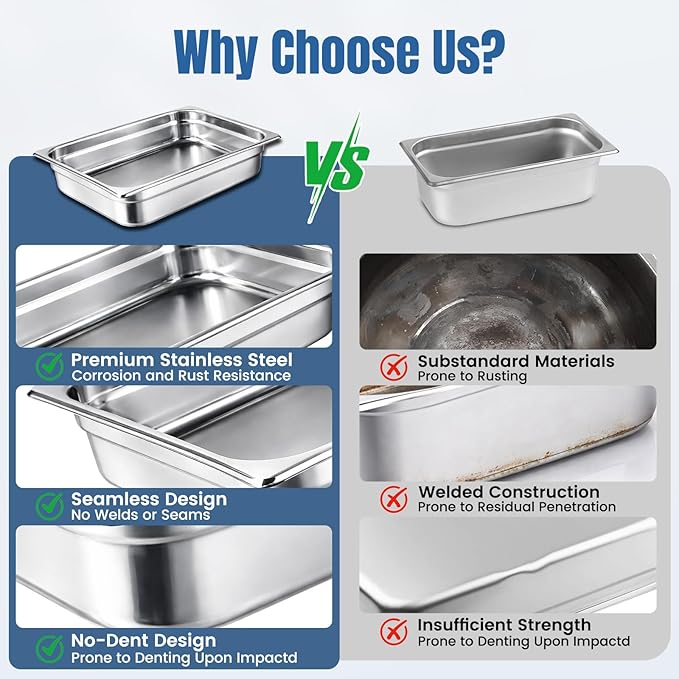 6 Pack 1/2 Size Steam Table Pan Set2.5 Deep Hotel Pans Half Size Anti Jam Stainless Steel Food Pan for RestaurantsCateringHotel BuffetHomeParty
