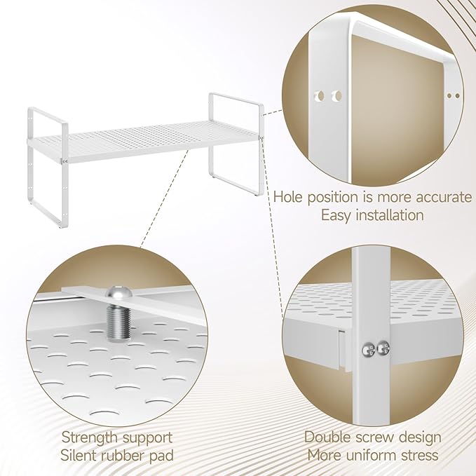 Hole Pattern Expandable Shelf Organizer2Pack 10.2 Wide Easy to Assemble Cabinet Organizer Shelf 16.5~27.1 Adjustable Height&ampStackable Spice Organization for Cupboard White