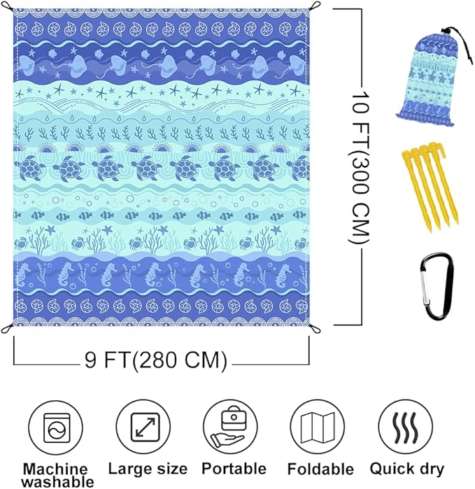 Beach Blanket Waterproof Sandproof Oversized 9 Ft X 10 Ft Sand Free Extra Large Beach Mat with 4 Corner Pockets and Stakes Lightweight Portable for Beach Picnic Travel Camping Outdoor