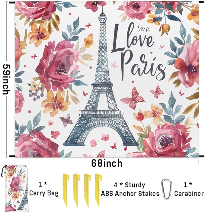 Waterproof Sandproof Beach Blanket 59''×68'' Paris Polyester Outdoor Picnic Blanket with 4 Stakes &amp Storage Bag for BeachCampingVacation White &amp Red