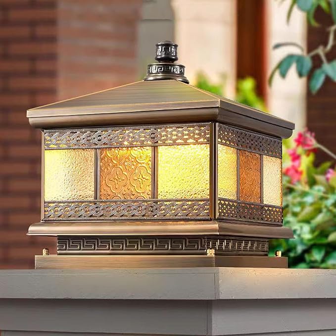 All Copper Steel Glass Outdoor Post lights Waterproof Pillar Light Vintage Patio Lawn Column Lampoutdoor column lightsDeck Lights Lantern Fence Lamp Fixture E26 Base (Flower glass 16X16IN)