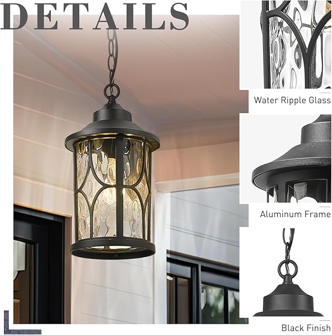 zeyu Modern Outdoor Hanging Porch Light 14.6 Inch Outdoor Pendant Lights for Porch Die-Cast Aluminum with Clear Water Ripple Glass Black Finish ZX48MH-WG BK