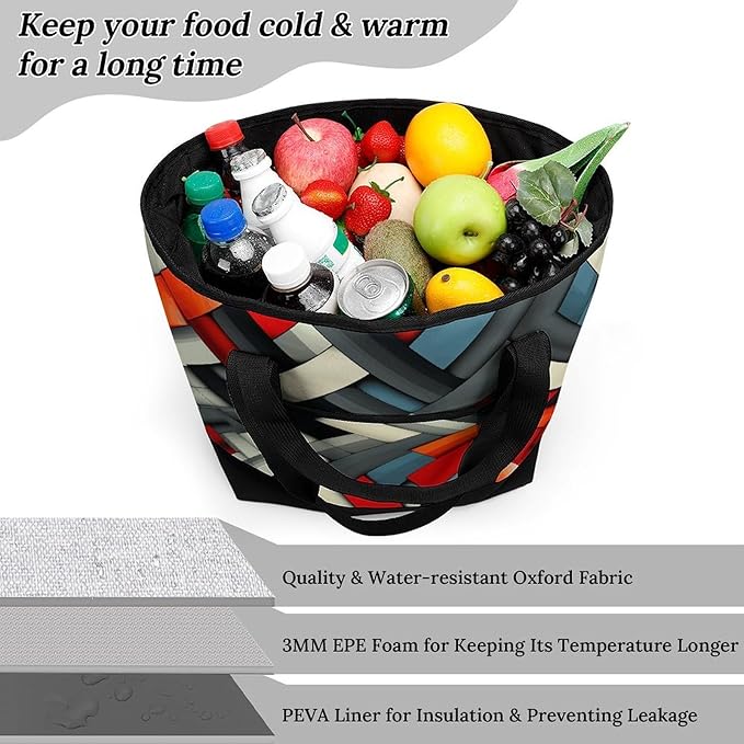 Insulated Shopping BagLarge Reusable Cooler Bags Diagonal Geometric Printed Foldable Shopping BagTravel Waterproof Shoulder Bag