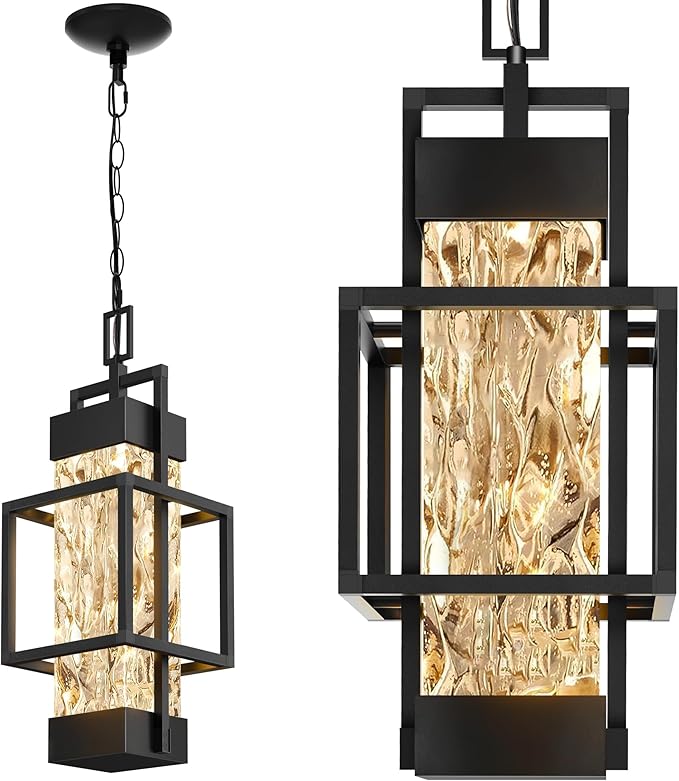 Hotsonic 15'' Outdoor Indoor Pendant Celing Light Fixture Modern Exterior Hanging Chandelier Porch Lights Black Aluminum Outside Lantern Lamp for Entrance Foyer Entryway (Bulb Included)