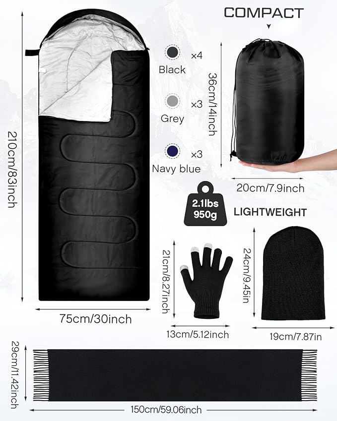 Tranqun 40 Pcs Sleeping Bags for Adult Bulk with Winter Beanie Hat Touch Screen Gloves Scarves Waterproof Cotton Liner Cold Weather Sleeping Bag for Homeless Camping Indoor Outdoor