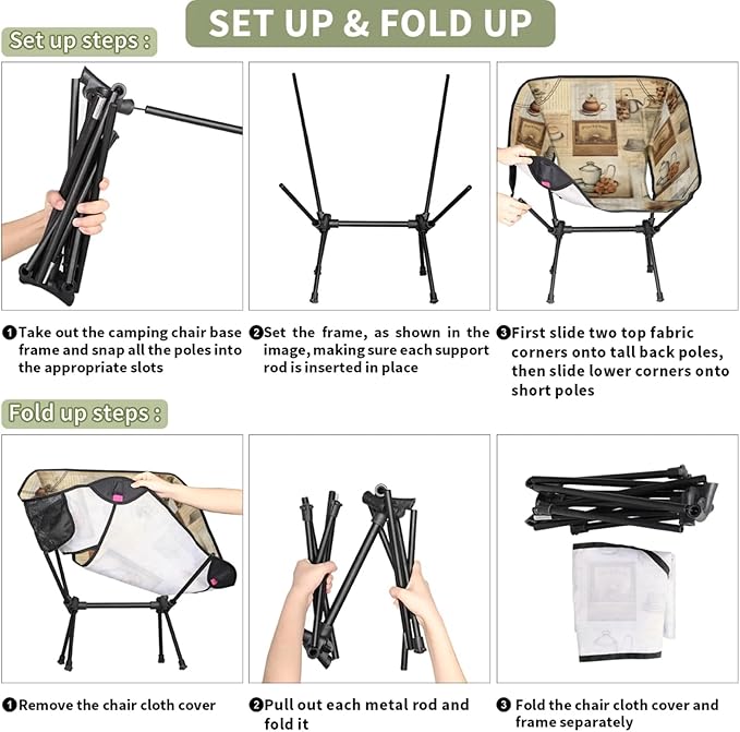 Honeybaby Folding Camping Chair Coffee Theme Camping Chairs Lightweight Portable Chair Outdoor Foldable Chairs for Camping Travel Picnic Beach Hiking