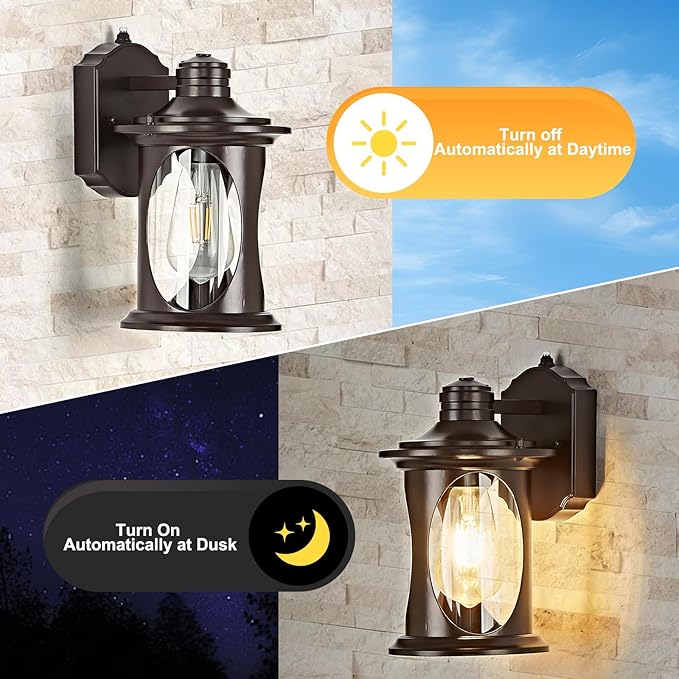 OKELI Dusk to Dawn Outdoor Lighting Porch Wall Light Fixture with E26 Waterproof Rust Resistant Exterior Lantern Lights Wall Mounted Outside Lamp for Porch Garage House(Brown)