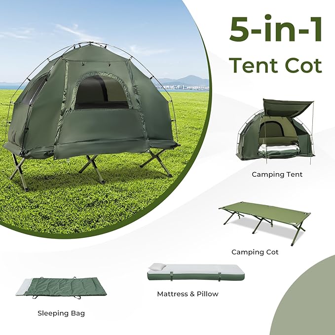 GYMAX Tent Cot 5-in-1 Folding Camping Cot with Mattress &amp Pillows Sleeping Bags Sunshade Camping Tent Elevated with Carrying Bag for Outdoor Hiking Fishing Picnic