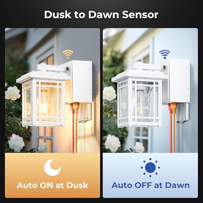 2-Pack Outdoor Wall Light with GFCI Outlet White Dusk to Dawn Exterior Light Fixture Wall Lantern Waterproof Front Porch Lights Wall Mount Modern Outdoor Coach Lights with Water Ripple Glass