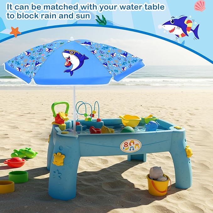 Sweetude Water Table Umbrella (Table Not Included) Kids Seaside Beach Umbrella Picnic Canopy for Summer Toddlers Sand Beach Camping Garden Outdoor Pool Shade Party Supply(Shark Theme)